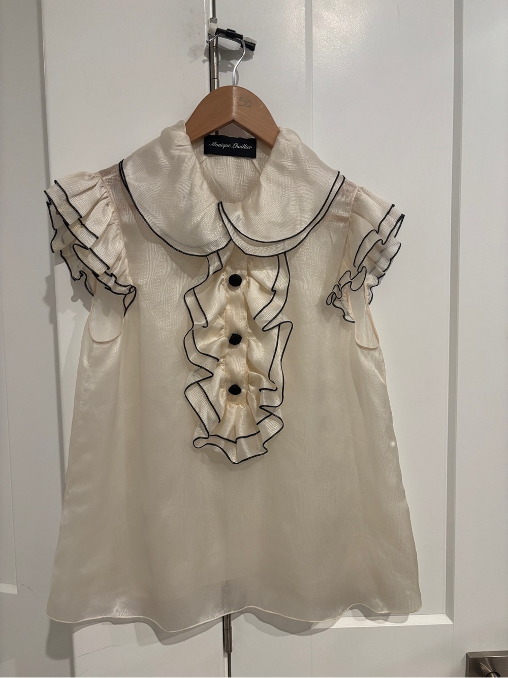 Monique Lhuillier Cream Silk Ruffle Blouse with Black Trim
